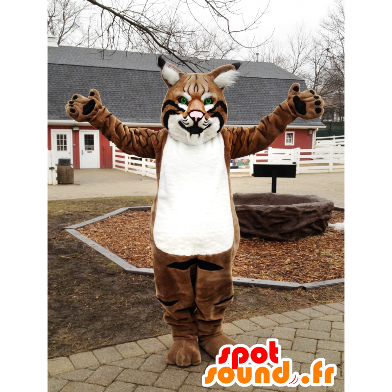 Maskot hnědý lynx, černé a bílé, s krásným zelené oči - MASFR21640 - Fox Maskoti Maskot hnědý lynx, černé a bílé, s krásným zelené oči - MASFR21640 - Fox Maskoti