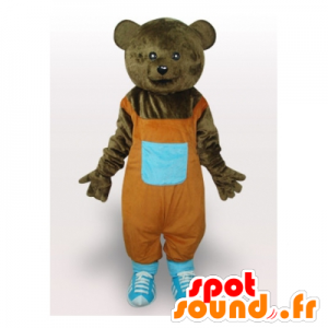 オレンジ色のオーバーオールが付いた茶色のクマのマスコット-MASFR21648-クマのマスコット