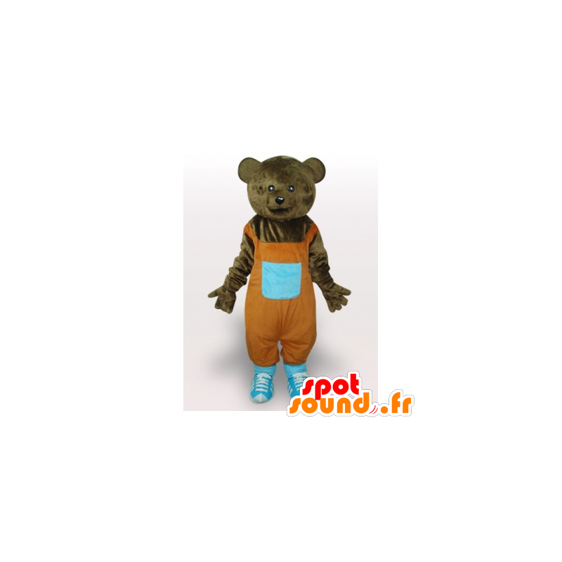 オレンジ色のオーバーオールが付いた茶色のクマのマスコット-MASFR21648-クマのマスコット