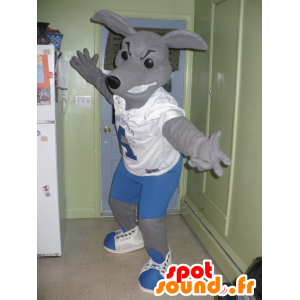 Grå kænguru-maskot i blåt og hvidt tøj - Spotsound maskot