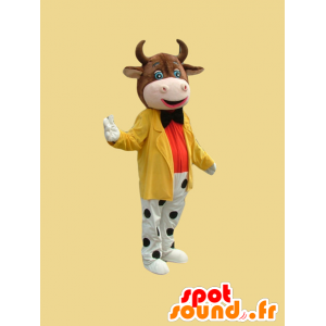 Brown mucca mascotte vestita di un abito colorato - MASFR21657 - Mucca mascotte