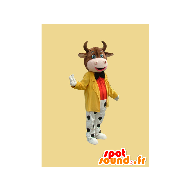 Brun ko maskot klædt i et farverigt tøj - Spotsound maskot