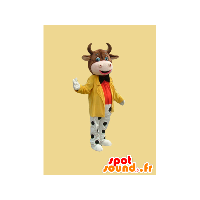 Vaca mascote marrom que veste uma roupa colorida - MASFR21657 - Mascotes vaca