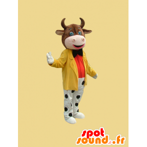 Brown mucca mascotte vestita di un abito colorato - MASFR21657 - Mucca mascotte