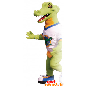 Grün und orange Krokodil-Maskottchen mit einem T-Shirt - MASFR21661 - Maskottchen der Krokodile