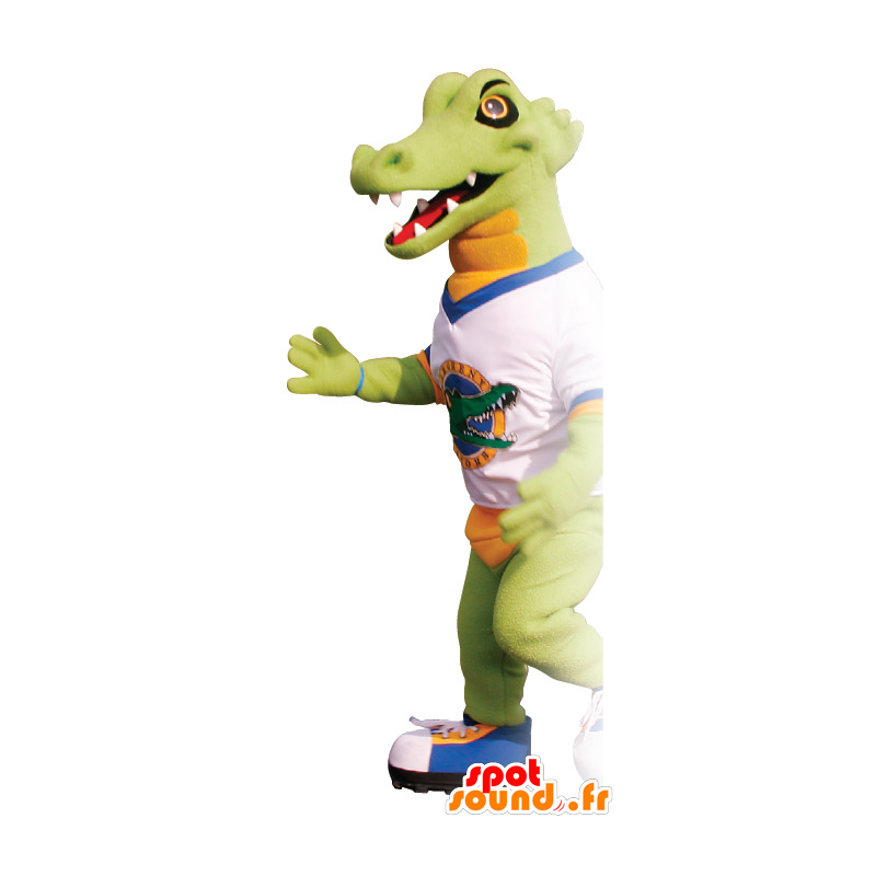 Mascota del cocodrilo verde y naranja con una camiseta - MASFR21661 - Mascota de cocodrilos