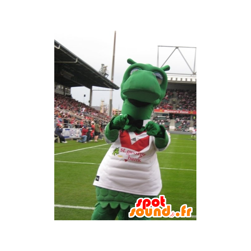 Dinosauro verde mascotte, drago con una maglia sportiva - MASFR21663 - Mascotte drago