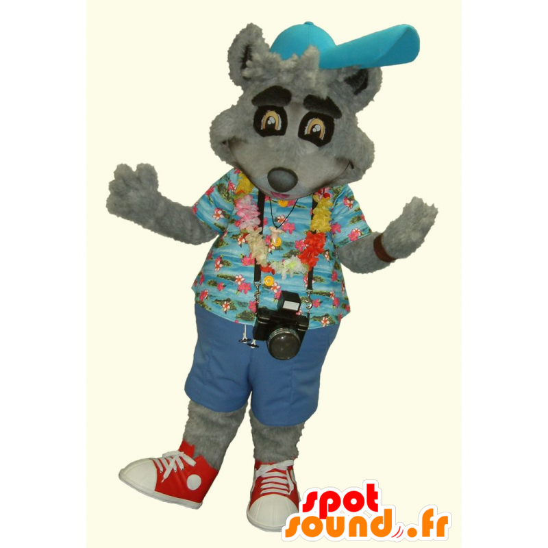 Mascot gray raccoon in vacationer held - MASFR21672 - Mascots of pups