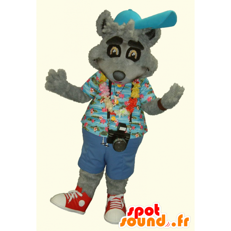 Mascot grijze wasbeer in vakantieganger gehouden - MASFR21672 - Mascottes van pups