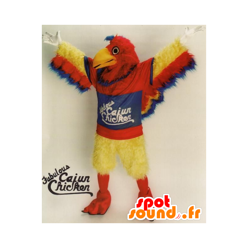 Mascot red bird, yellow and blue, giant, hairy all - MASFR21675 - Mascot of birds