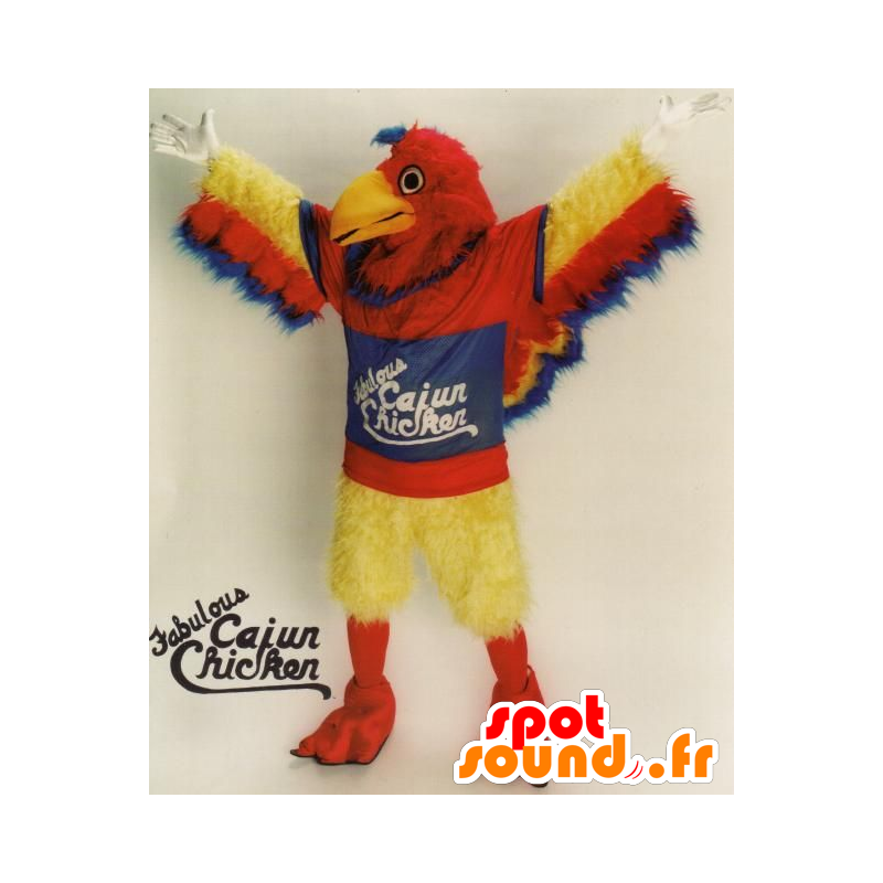 Mascotte d'oiseau rouge, jaune et bleu, géant, tout poilu - MASFR21675 - Mascotte d'oiseaux