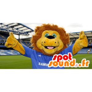 Mascotte de lion jaune et marron avec un maillot bleu - MASFR21689 - Mascottes Lion