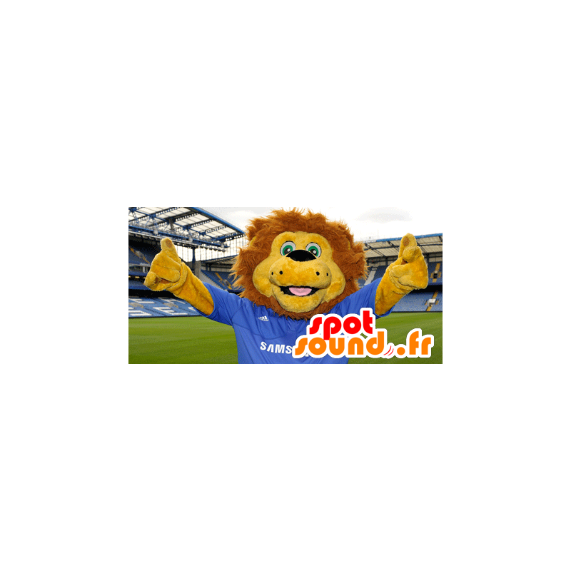Amarelo e marrom mascote do leão com uma camisa azul - MASFR21689 - Mascotes leão