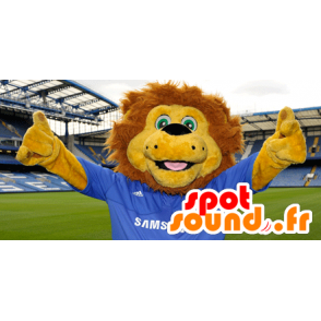 Yellow and brown lion mascot with a blue jersey - MASFR21689 - Lion mascots