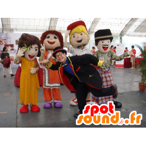 4 mascots of girls and boys in colorful clothes - MASFR21690 - Mascots child