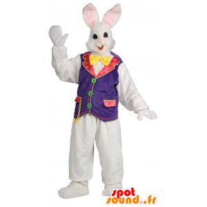 Mascotte de beau lapin blanc et rose avec un gilet de cirque - MASFR21696 - Mascotte de lapins