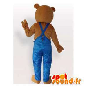 青いオーバーオールの茶色のクマのマスコット-MASFR006474-クマのマスコット