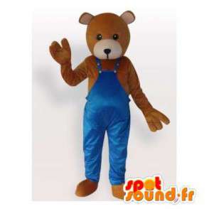 青いオーバーオールの茶色のクマのマスコット-MASFR006474-クマのマスコット