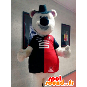 Beige teddy mascotte, met een hoed en een trui - MASFR21716 - Bear Mascot
