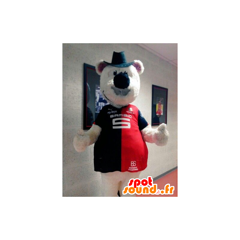 Beige teddy mascotte, met een hoed en een trui - MASFR21716 - Bear Mascot