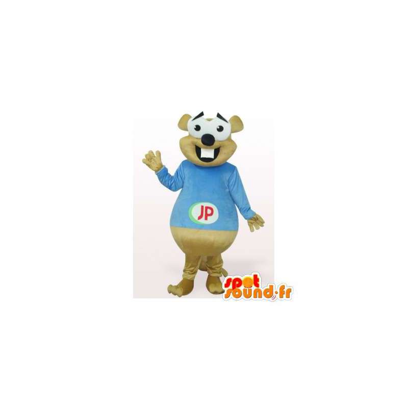 Beige bever mascotte in blauw overhemd - MASFR006475 - Beaver Mascot