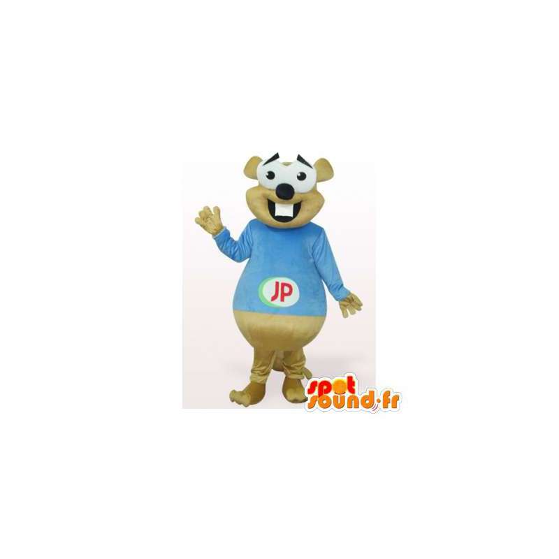 Beige bever maskot i blå skjorte - MASFR006475 - Beaver Mascot