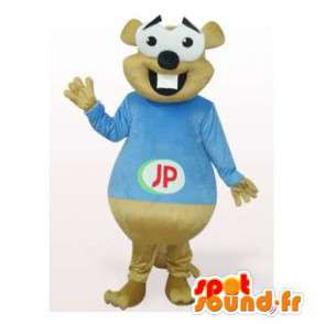 Beige bever mascotte in blauw overhemd - MASFR006475 - Beaver Mascot