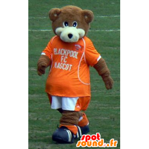 La mascota de color marrón y blanco oso de peluche con un traje de color naranja - MASFR21720 - Oso mascota