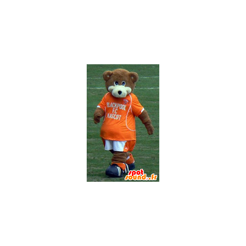 Mascot brown and white teddy bear with an orange outfit - MASFR21720 - Bear mascot