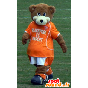 Mascot hnědé a bílé medvídka s oranžovým oblečení - MASFR21720 - Bear Mascot