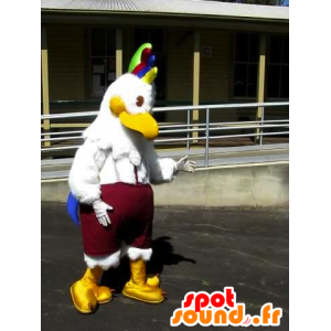 Mascotte d'oiseau, de poule blanche avec une crête colorée - MASFR21745 - Mascotte de Poules - Coqs - Poulets