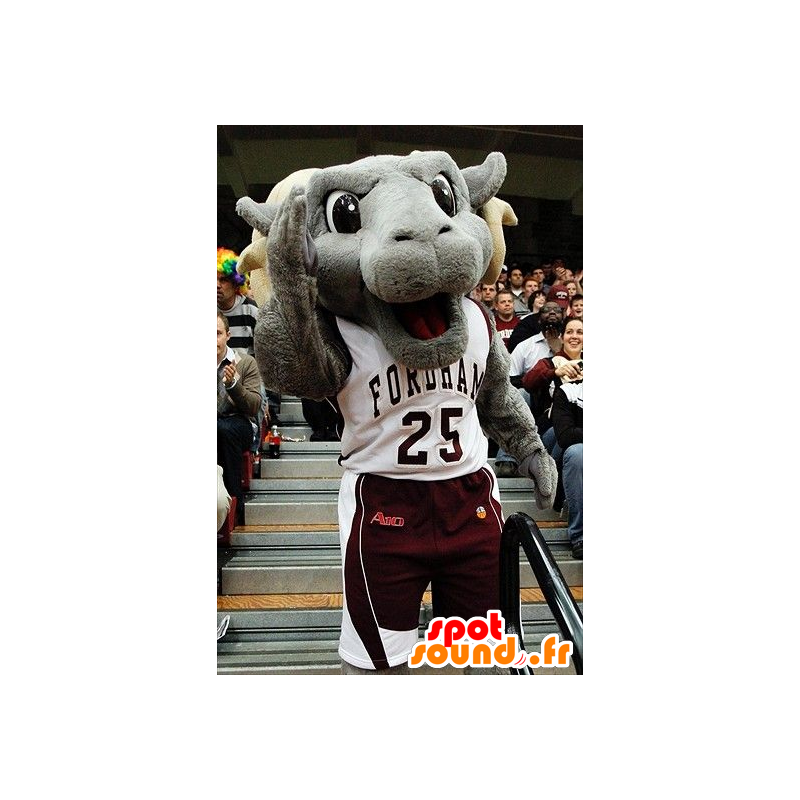 Šedá a béžová ram maskot, ve sportovní oblečení - MASFR21747 - sportovní maskot Šedá a béžová ram maskot, ve sportovní oblečení - MASFR21747 - sportovní maskot