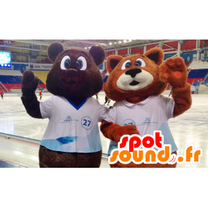 2 mascots, a brown bear and a fox orange and white - MASFR21751 - Bear mascot