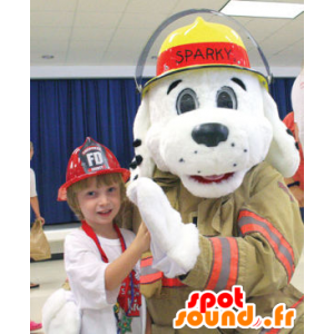 Bílý pes maskot oblečený jako hasič - MASFR21753 - psí Maskoti