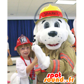 Bílý pes maskot oblečený jako hasič - MASFR21753 - psí Maskoti