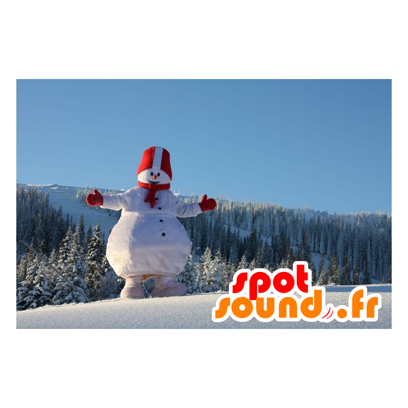 Mascotte de gros bonhomme de neige, blanc et rouge - MASFR21768 - Mascottes Noël