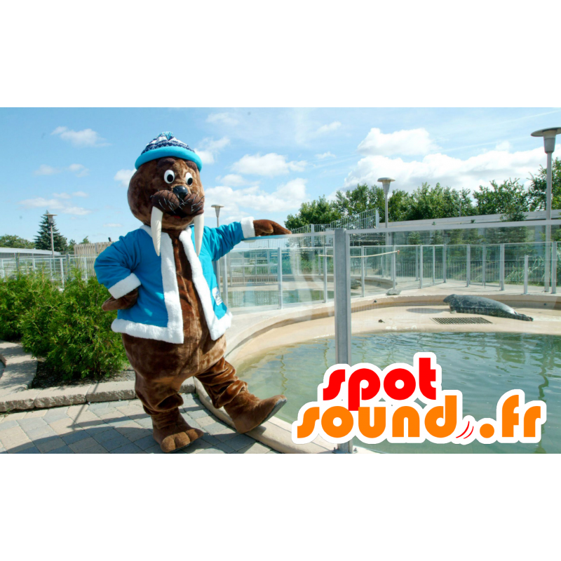 Mascota morsa Brown, con una chaqueta y gorra azul - MASFR21770 - Sello de mascotas