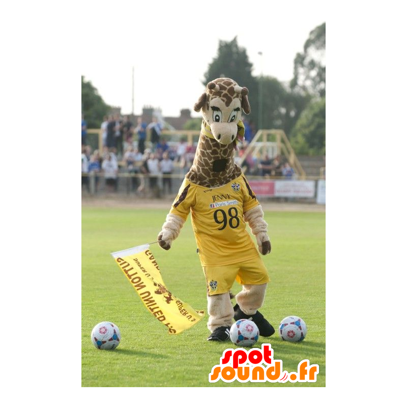 Giraffmaskot i gul sportkläder - Spotsound maskot