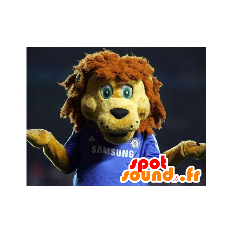 Gul og brun løve maskot, i blåt sportstøj - Spotsound maskot