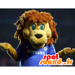 Mascot geel en bruin leeuw gekleed in blauwe sport - MASFR21775 - Lion Mascottes