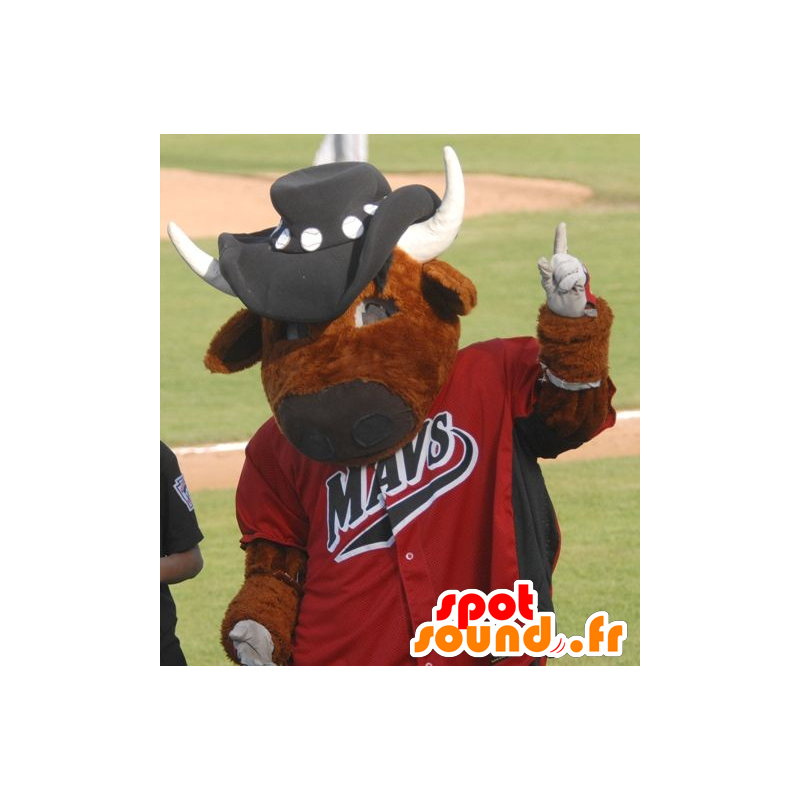 Mascote vaca marrom, no sportswear com um chapéu - MASFR21778 - Mascotes vaca Mascote vaca marrom, no sportswear com um chapéu - MASFR21778 - Mascotes vaca