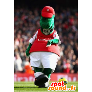 Groene dinosaurus mascotte gekleed in rood en witte sport - MASFR21781 - Dinosaur Mascot