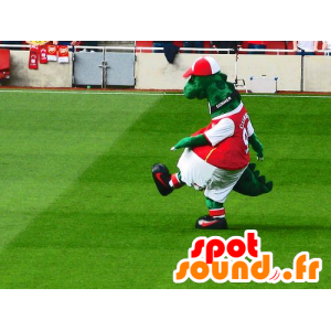 Groene dinosaurus mascotte gekleed in rood en witte sport - MASFR21781 - Dinosaur Mascot