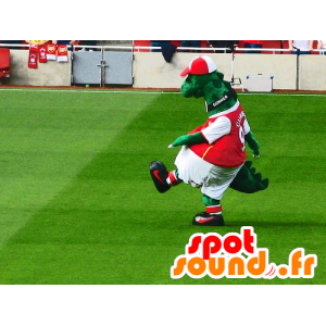Zielony dinozaur maskotka ubrana w czerwone i białe sportu - MASFR21781 - dinozaur Mascot