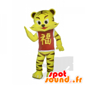Mascotte piccola tigre giallo e marrone con una camicia rossa - MASFR21786 - Mascotte tigre