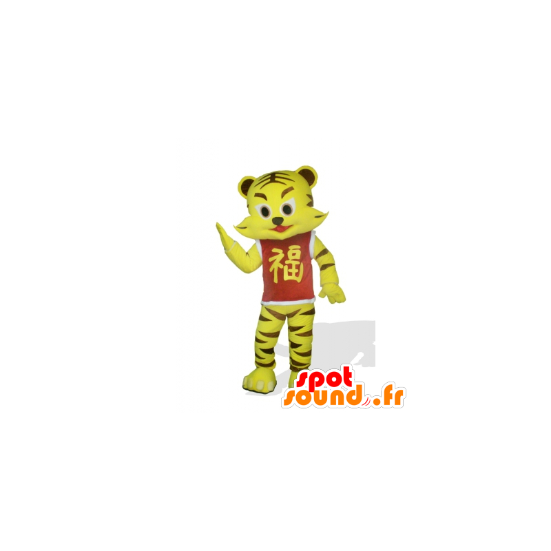Mascot tigre pequeno amarelo e marrom com uma camisa vermelha - MASFR21786 - Tiger Mascotes