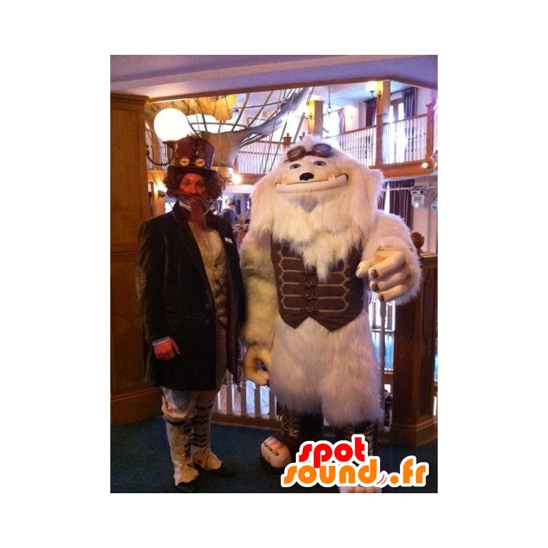 Mascotte yeti blanco, monstruo blanco con un traje marrón - MASFR21798 - Mascotas de los monstruos