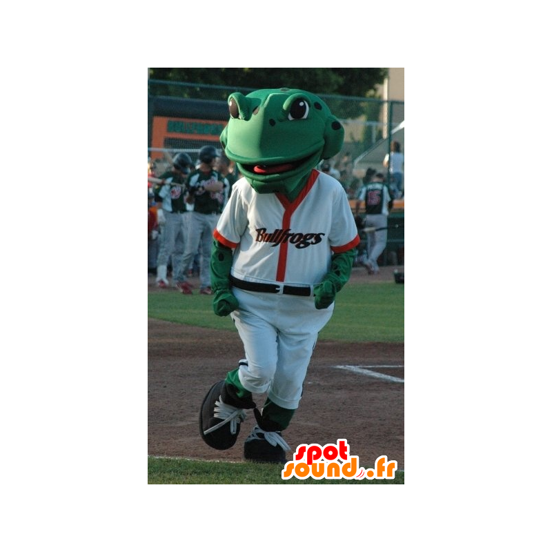 Green Frog Mascot hvit baseball antrekk - MASFR21803 - Frog Mascot