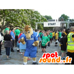 Maskot béžové a hnědé koně oblečený v modré sportovní - MASFR21806 - kůň maskoti
