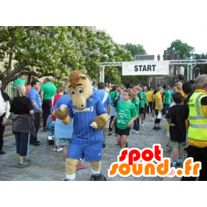 Maskot béžové a hnědé koně oblečený v modré sportovní - MASFR21806 - kůň maskoti